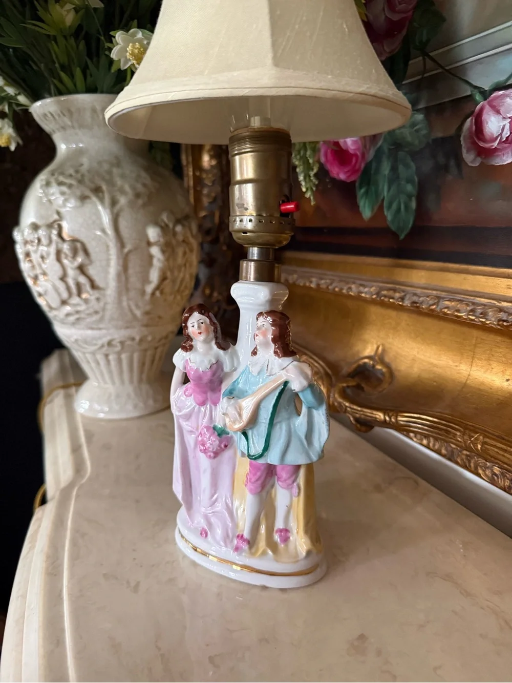 Porcelain Figurine Table Lamp in Cream, Pink and Blue - Unbranded